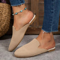 Apricot, blue, and green mesh slip-on sandals with a round toe and flat rubber sole.