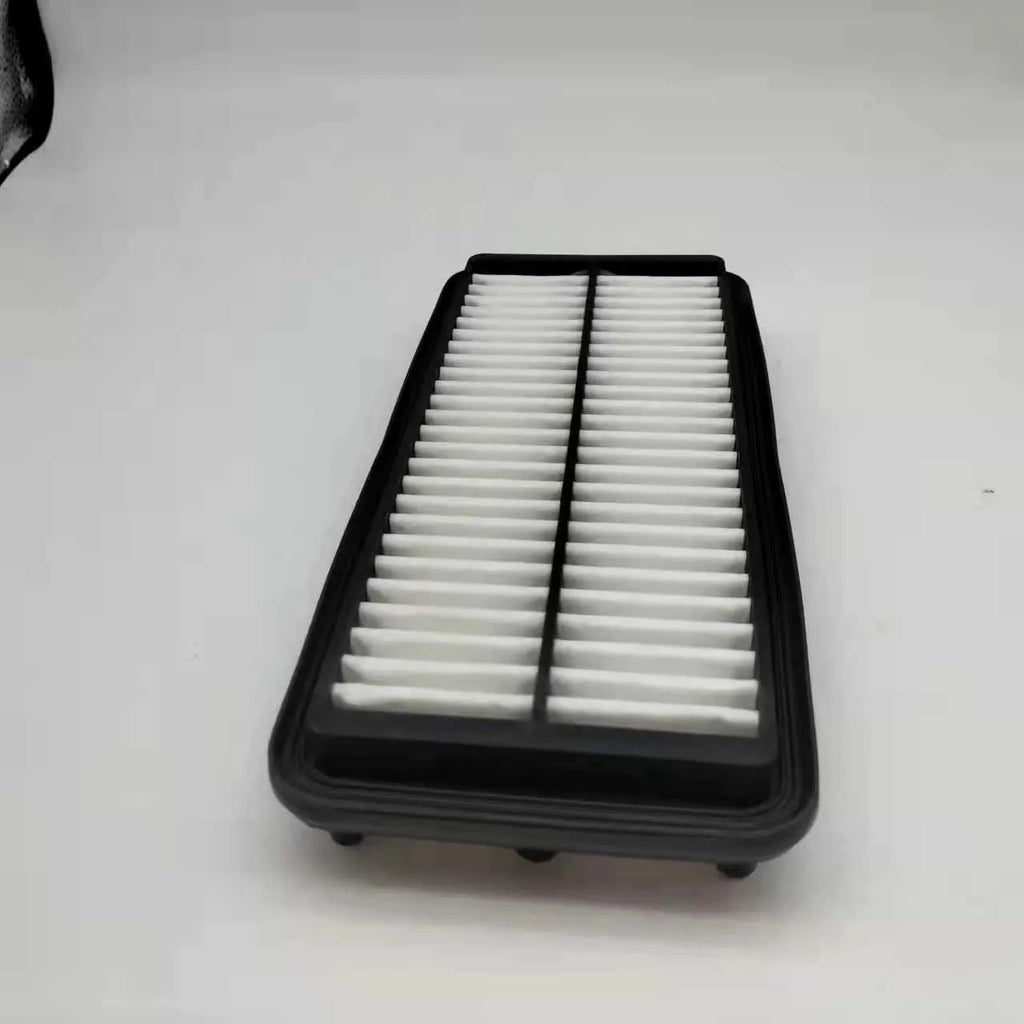 Black rectangular car panel air filter with dimensions 256mm by 113mm by 40mm