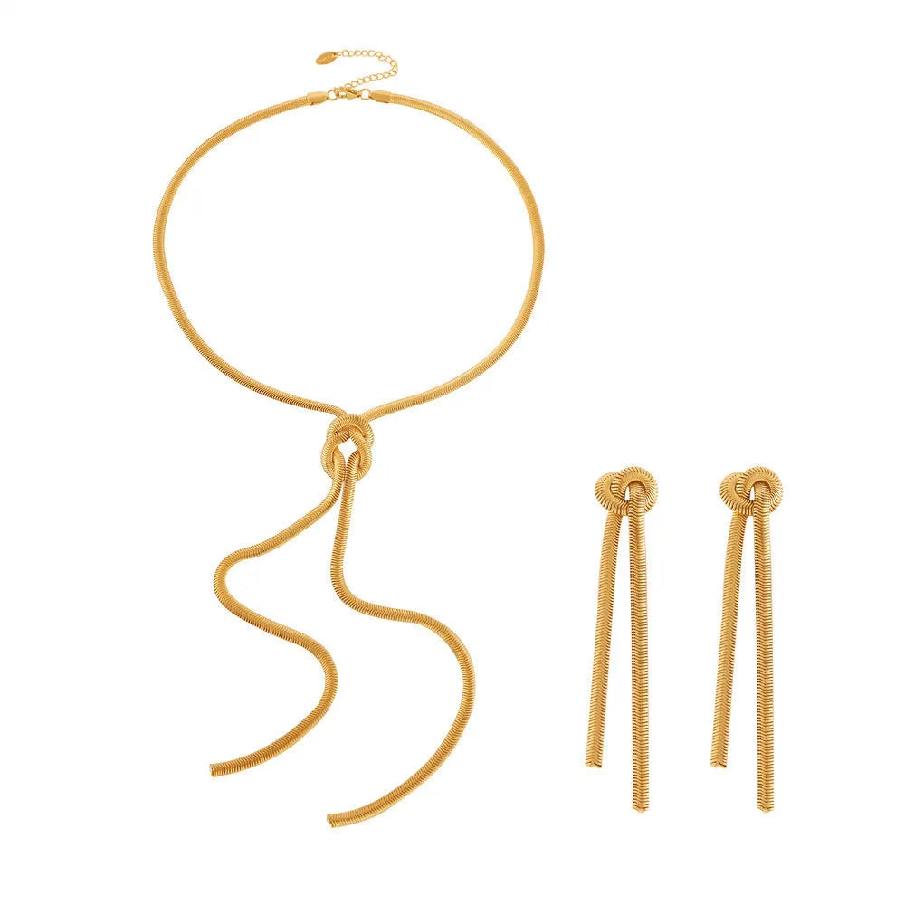 Gold knotted tassel snake chain long necklace with matching titanium steel earrings set