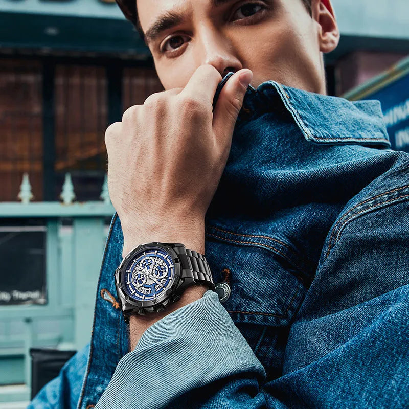 Men's waterproof luminous quartz watch with steel strap showing three colour options