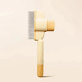Green and yellow pet grooming brush with one-click hair removal mechanism for dogs