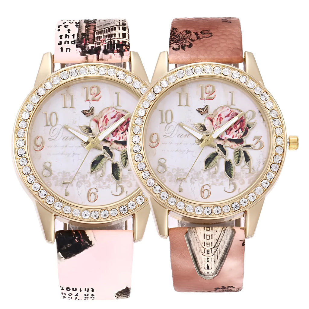 Diamond-inlaid gold case rose pattern fashion quartz watch with 38mm round dial and stainless steel buckle