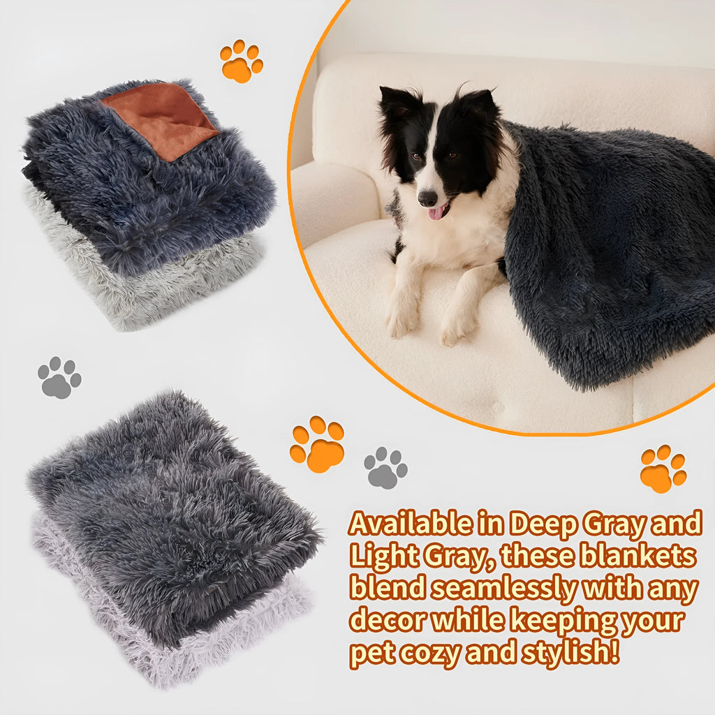 Grey velvet and plush pet blanket serving as dog bed and sofa cover with four size options