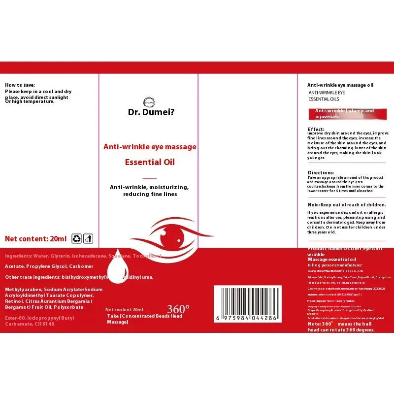 Red packaging eye anti-wrinkle massage essence oil 20g for hydration and moisturising