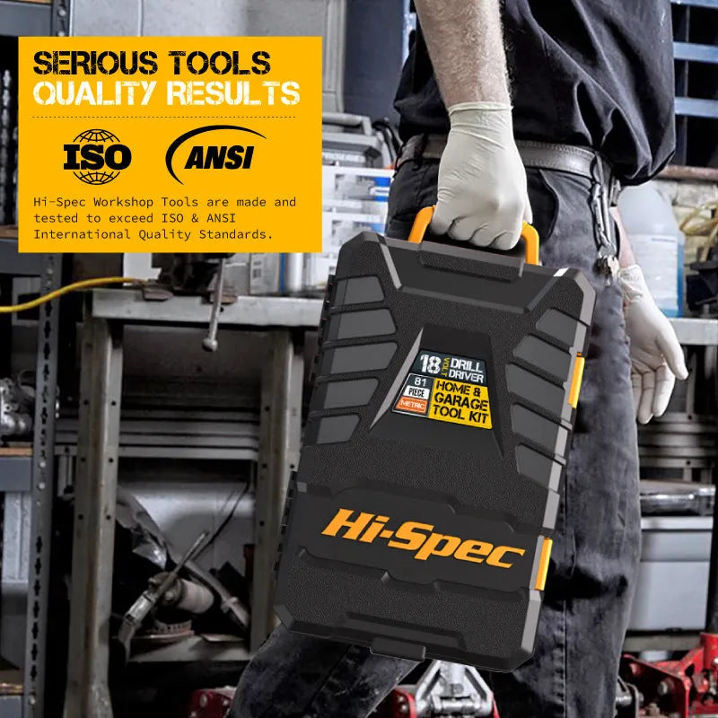 Grey-yellow US style case open to show 82-piece chrome-vanadium steel tool set for home repair