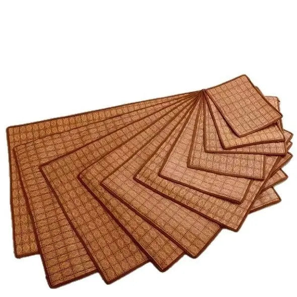 Brown rattan fibre dog cooling mat shown on a floor, available in multiple sizes.