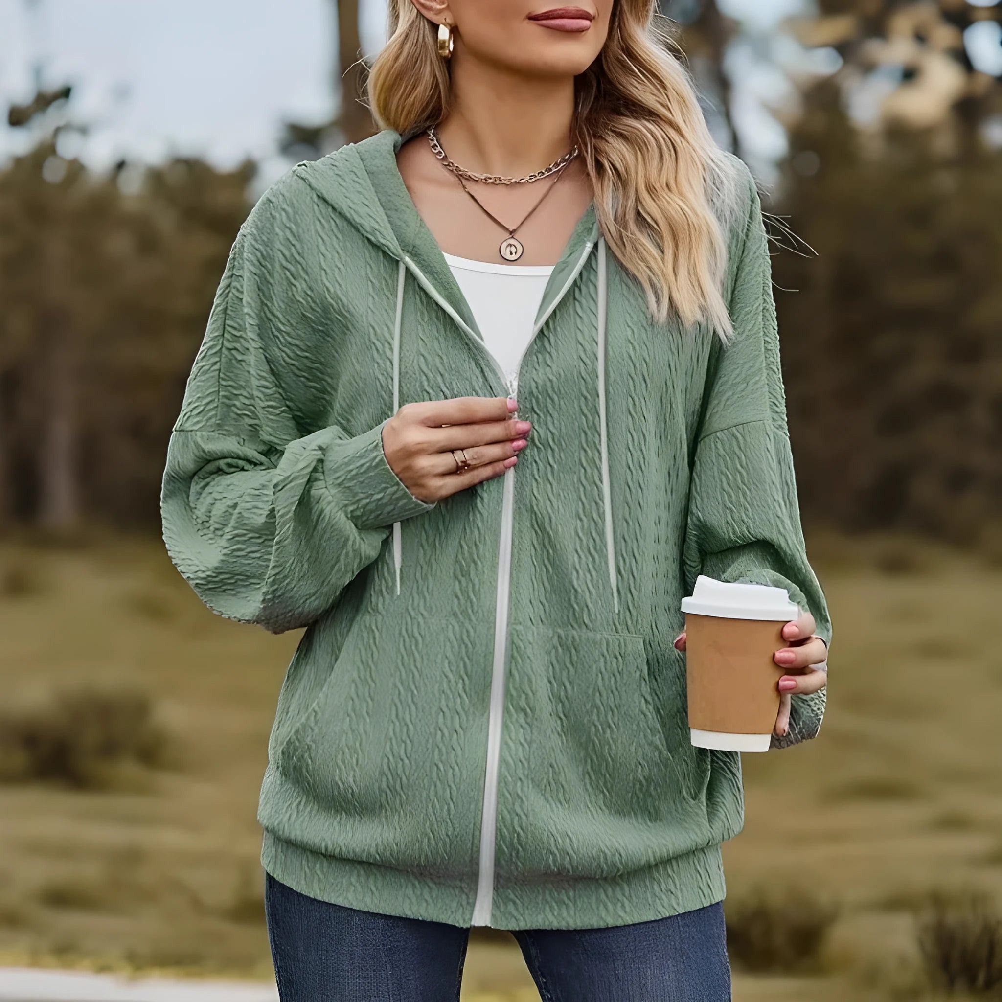 Green womens hooded zip-front sweater coat on a hanger