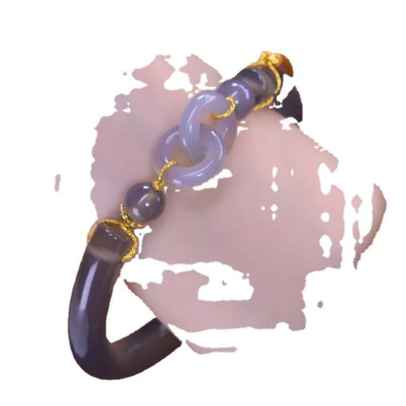 Women's agate half bracelet with ring buckle in smoke purple and grey colours