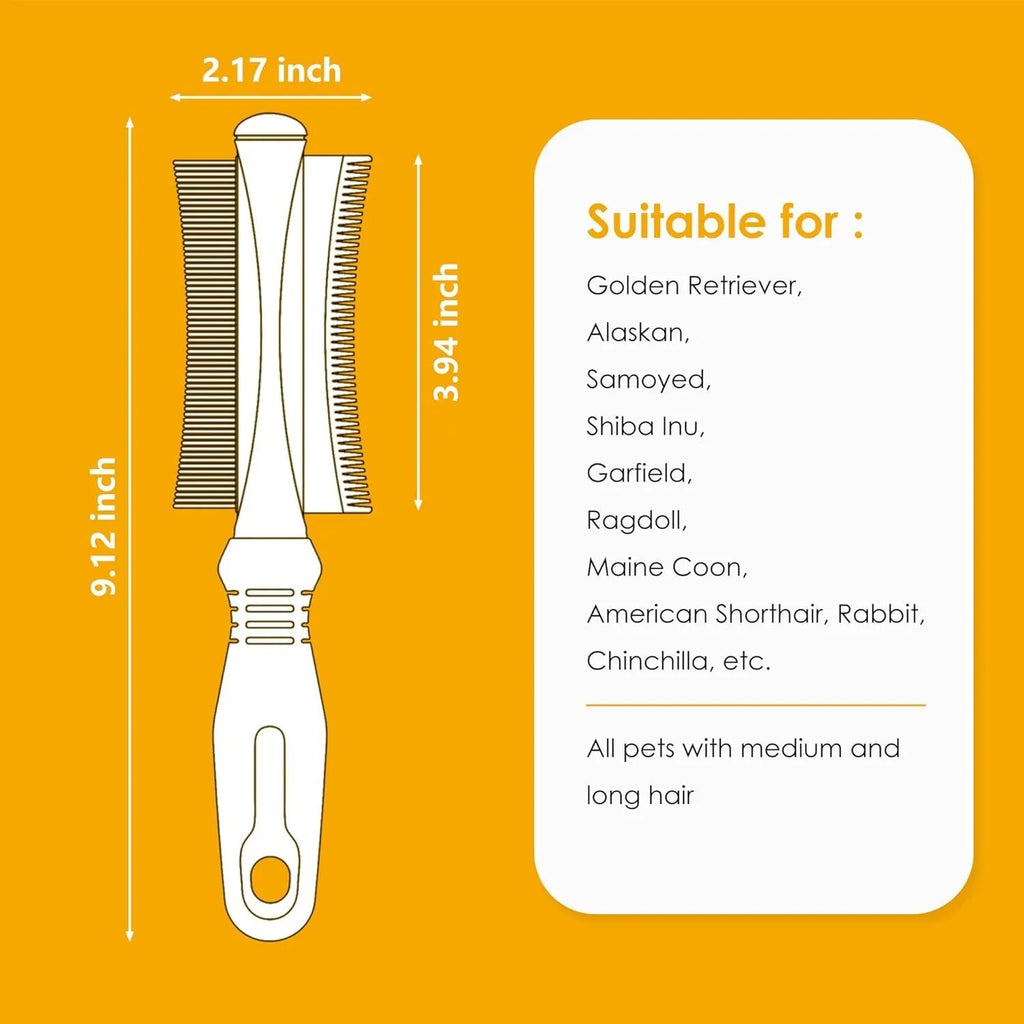 White double-sided pet grooming brush with curved design and comfort-grip handle for dogs and cats