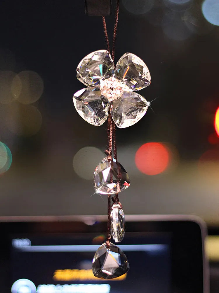 Crystal four leaf grass car pendant hanging, approximately 20cm long, in champagne colour option