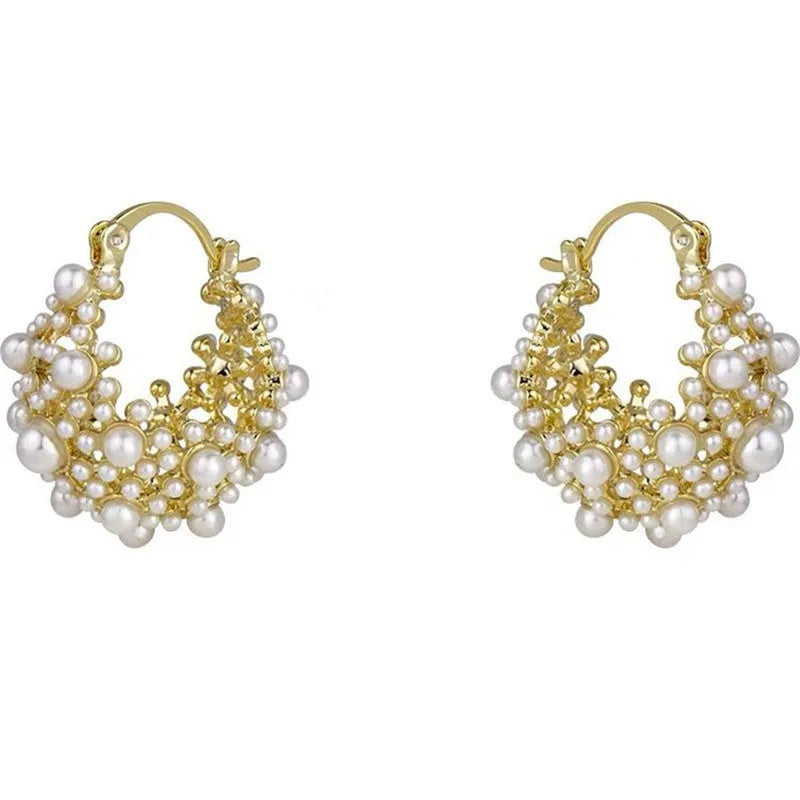 Gold colour women's flower basket earrings with copper construction and rice-shaped bead inlay