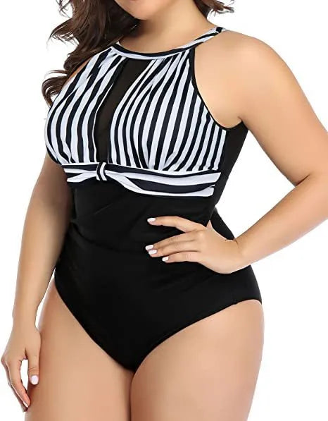 Women's black lace one-piece swimsuit showing front design, with red flower and stripes pattern options available.