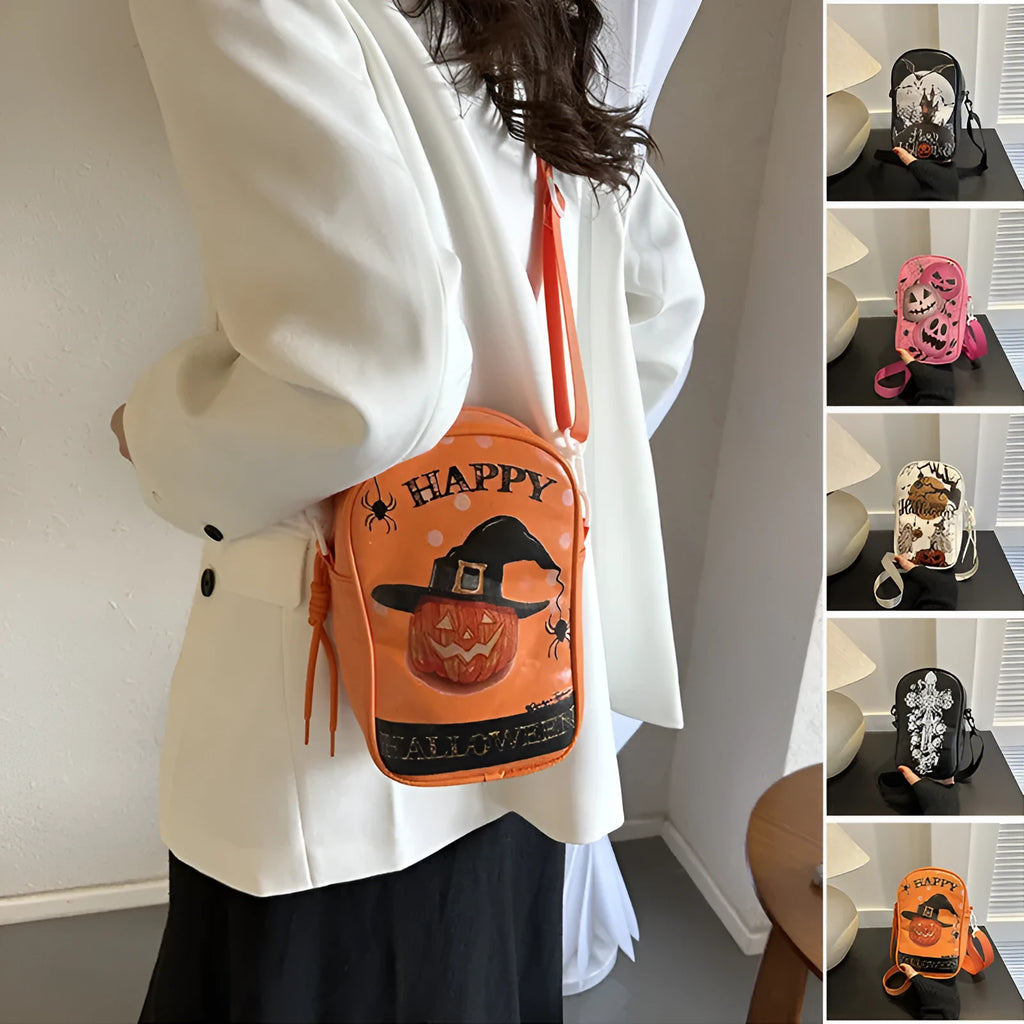 Halloween graffiti print mini crossbody bag with cartoon pumpkin ghost bat design in multiple colours.