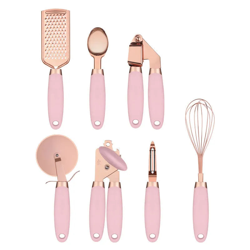 Copper-plated seven-piece kitchen tool set with cutlery rack in assorted colours