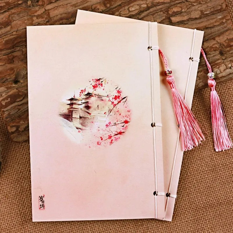 Azalea coloured Chinese style notebook with watercolour art cover and traditional thread binding