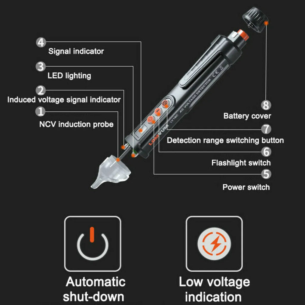 Black intelligent checkpoint test pencil for AC voltage detection with automatic shut-off function