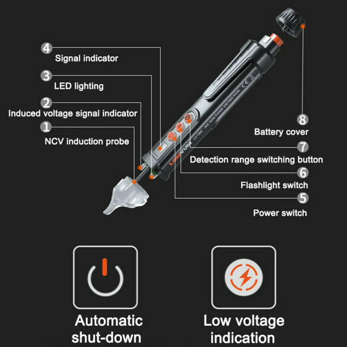 Black intelligent checkpoint test pencil for AC voltage detection with automatic shut-off function