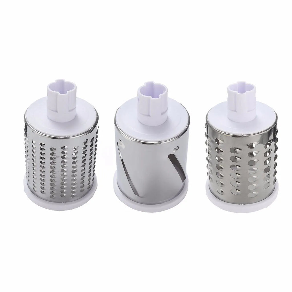 Blue green mandoline vegetable slicer with suction cup base and three stainless steel blades.
