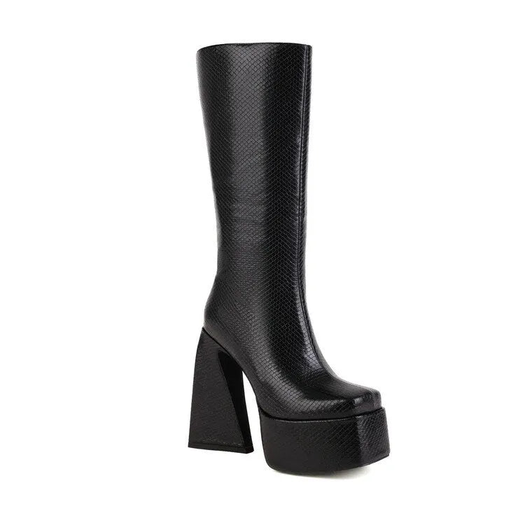 Women's black casual high boots with artificial PU upper in European size 38