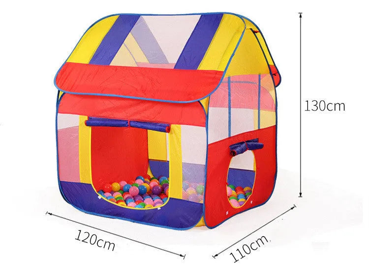 Large blue outdoor children's play tent in a garden with roll-up curtain.