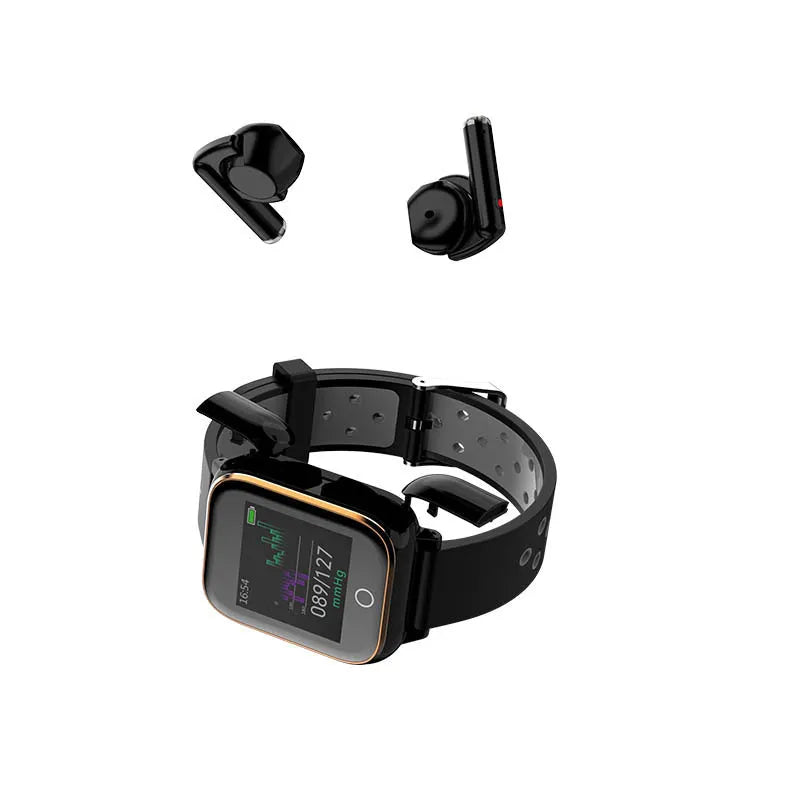 Black smart watch with integrated Bluetooth earbuds stored in the case, showing heart rate tracking on screen.