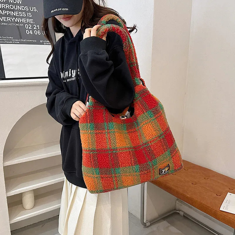 Women's plaid crossbody tote bag in soft plush material with large capacity and zipper organiser