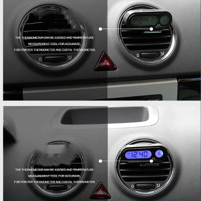 Black car digital clock and thermometer with LED display on adjustable bracket.