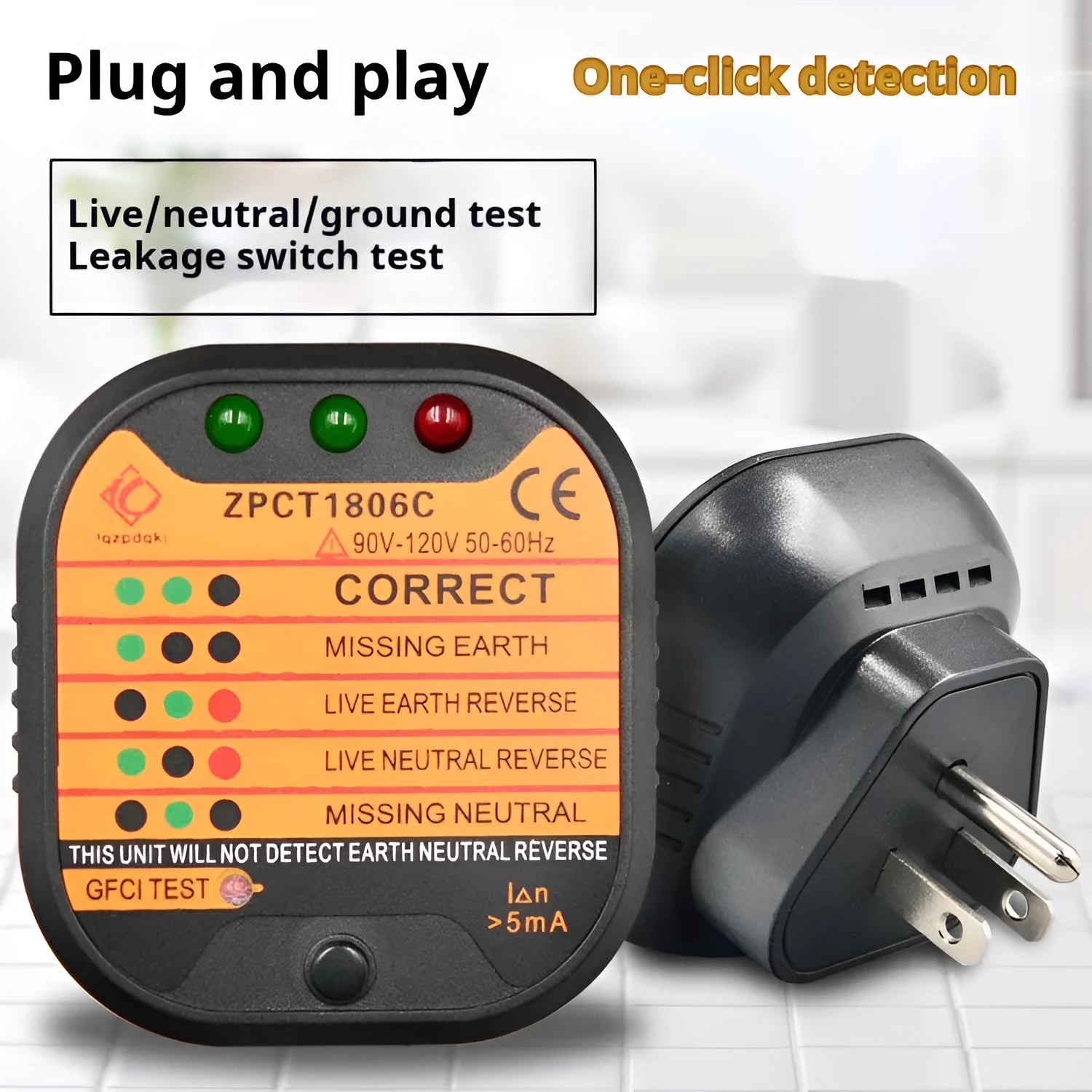 Black electrical socket tester for UK, EU and US plugs showing LED indicators for wiring faults.