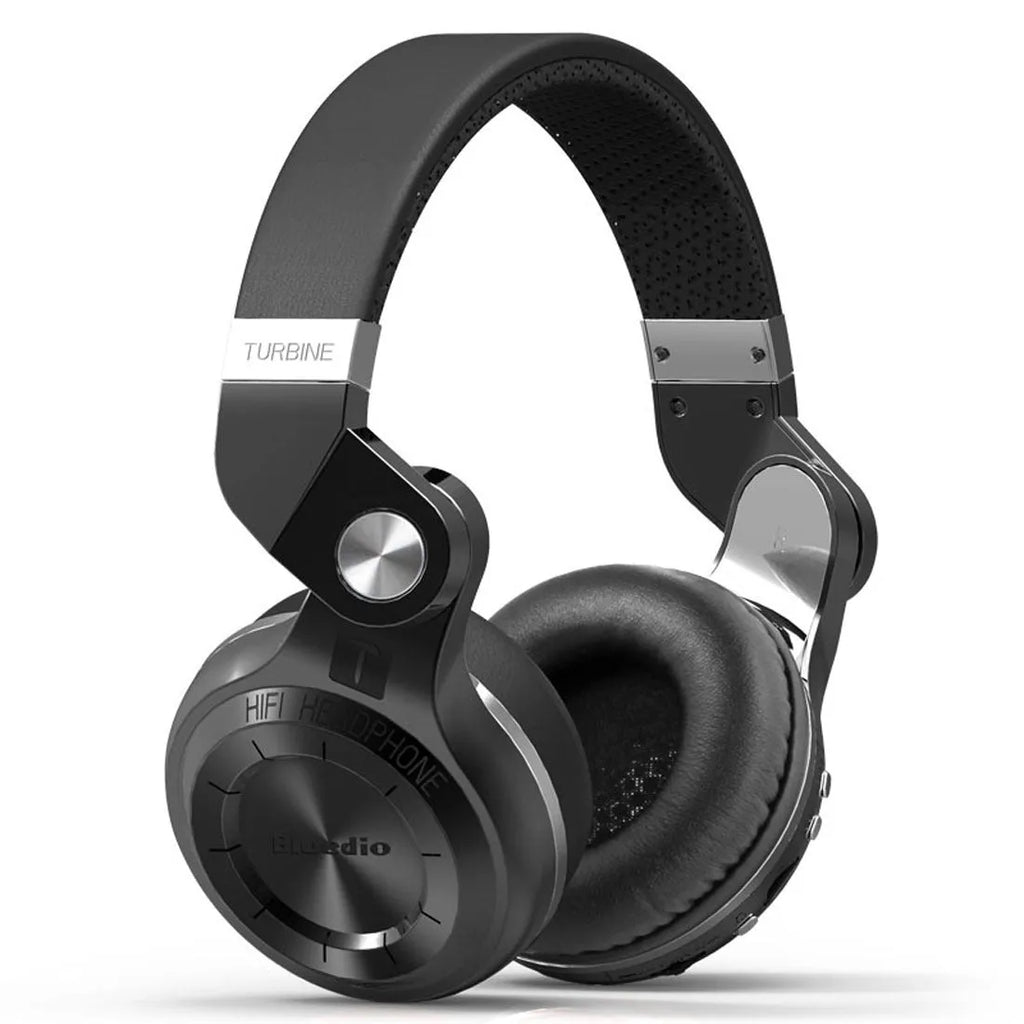 A black Bluetooth stereo headset with head-mounted design and visible ear cups, shown on a white background.