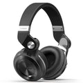 A black Bluetooth stereo headset with head-mounted design and visible ear cups, shown on a white background.
