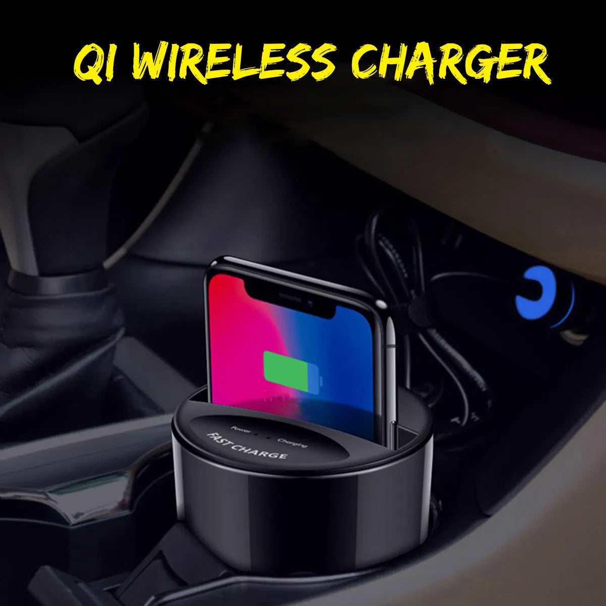 Black X9 car wireless charging cup with detachable base on a car dashboard, showing LED light and phone charging.