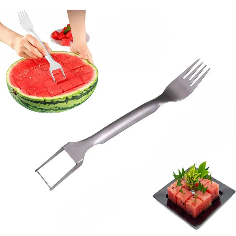 Stainless steel watermelon slicer with fork head showing 26cm length