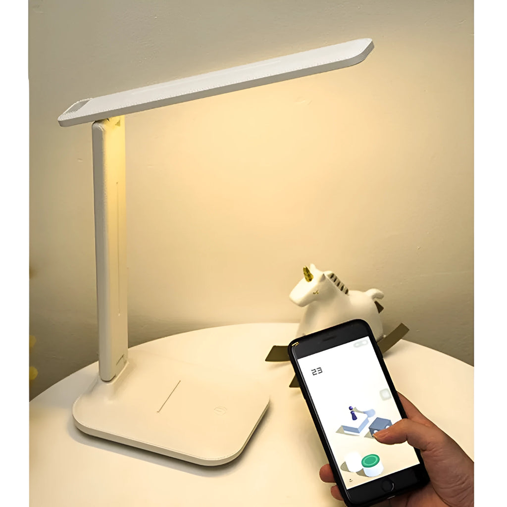 White plastic touch dimming bedside lamp with USB charging port.