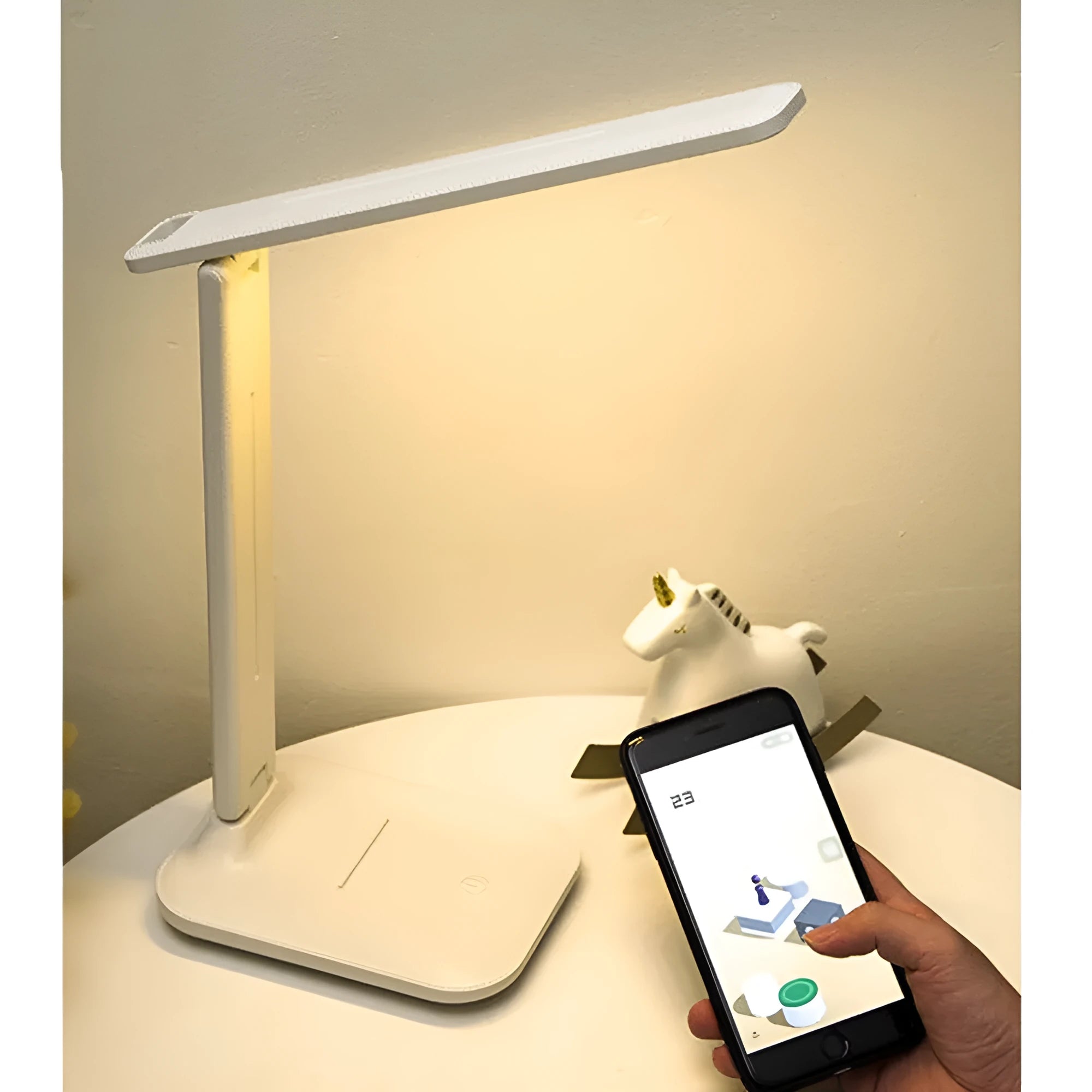 White plastic touch dimming bedside lamp with USB charging port.