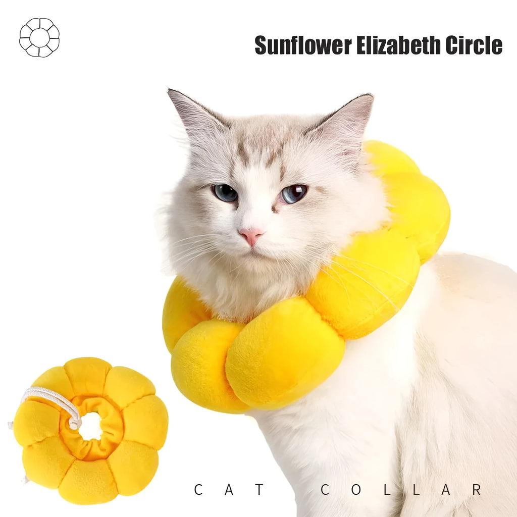 Sunflower patterned cotton pet recovery collar with adjustable band for post-surgical protection