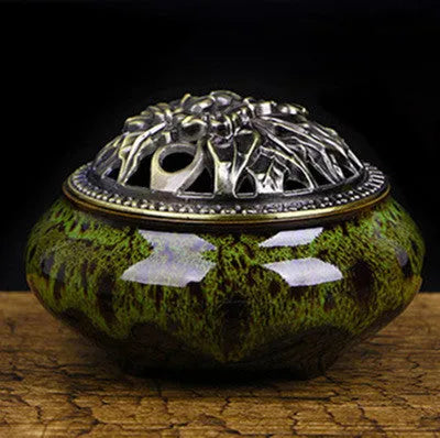 Ceramic retro incense burner with 8cm diameter available in multiple colours including amber yellow and sapphire blue