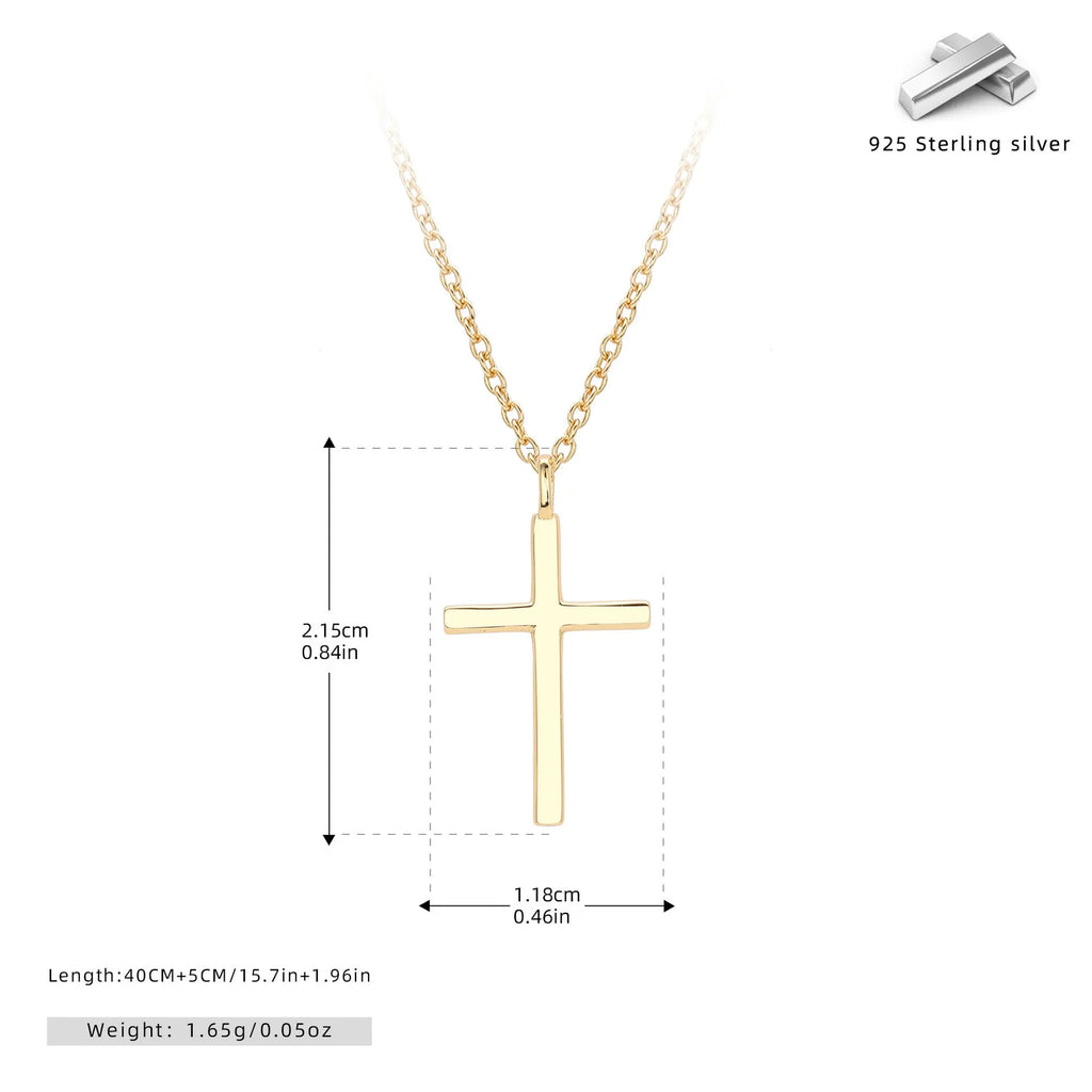 Simple glossy cross pendant on an adjustable O-shaped sterling silver chain.