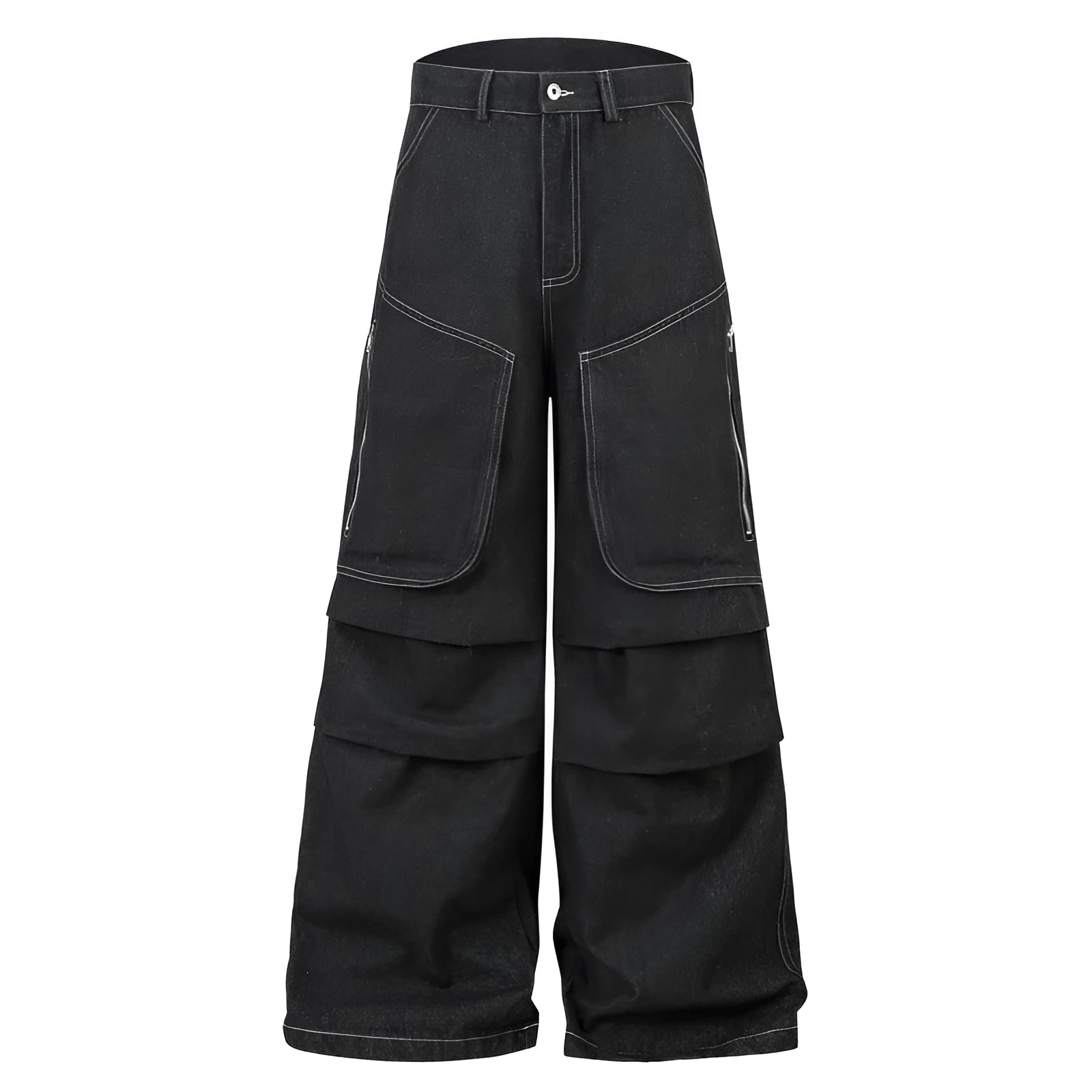 Black pleated work trousers with multiple pockets, mid waist cut, and zip fly in cotton denim fabric