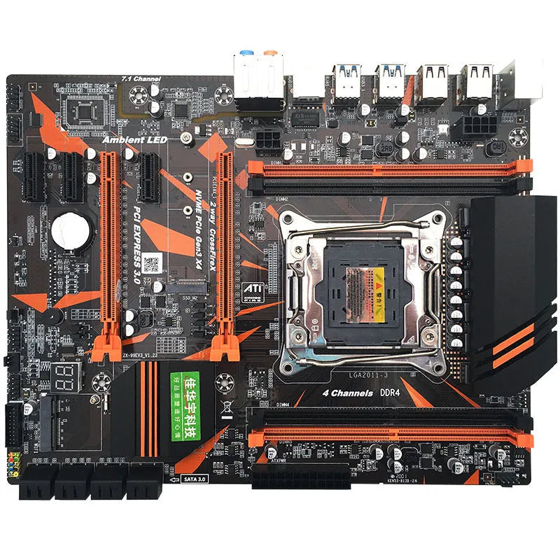 X99 chipset ATX motherboard with LGA2011-3 socket, four DDR4 slots, and dual PCI-E x16 connectors