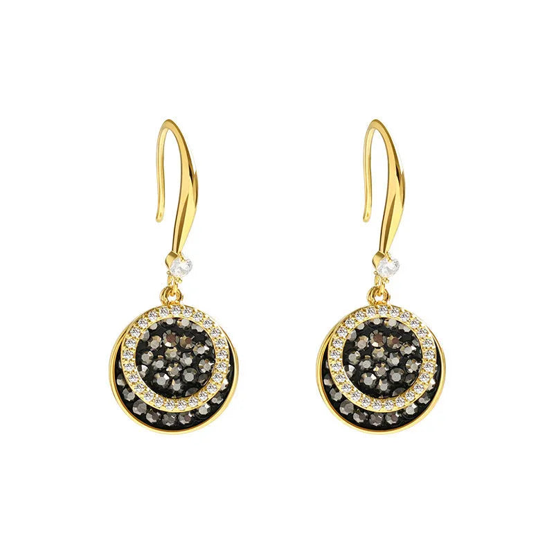 Black geometric alloy drop earrings with round pieces measuring 3.6cm length