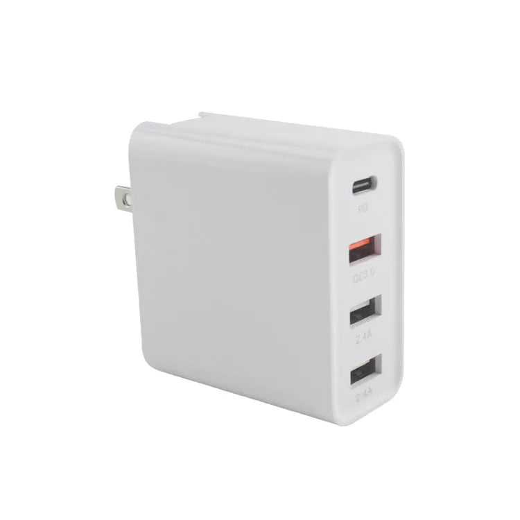 Black and white 48W four-port USB-C mobile phone wall charger with LED light.