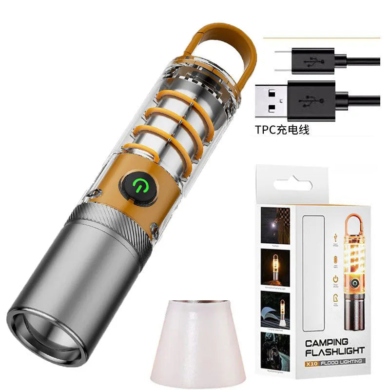 Orange and beige 10W dual-light flashlight with hook and keychain attachment