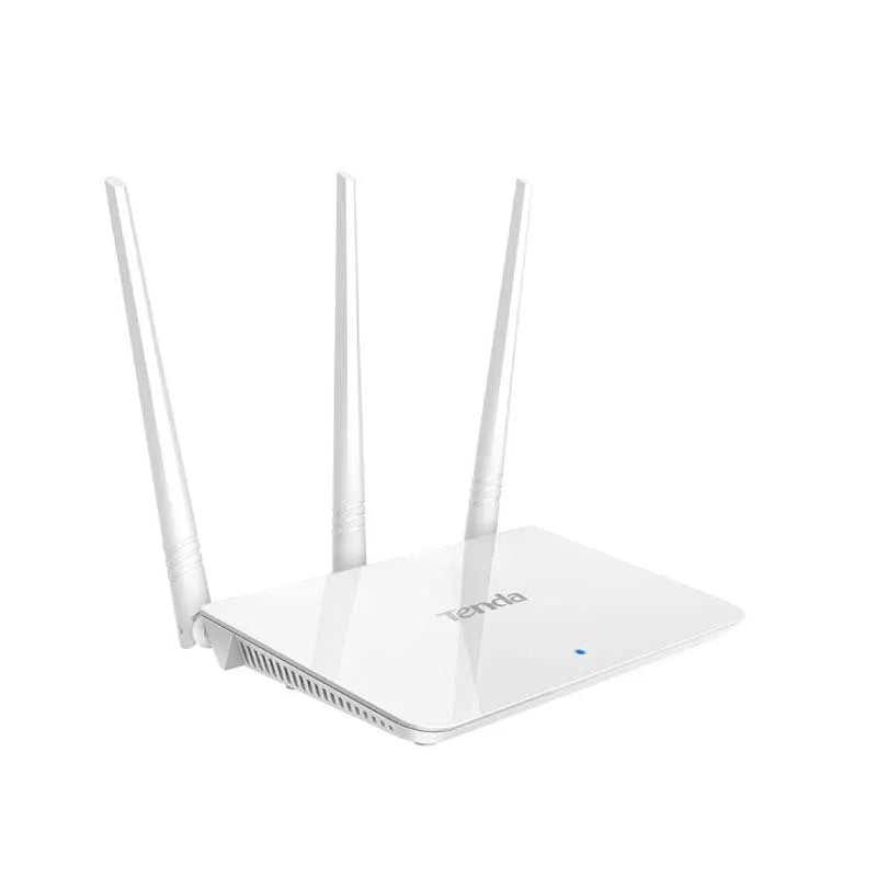 White dual-band wireless router for broadband internet connectivity.