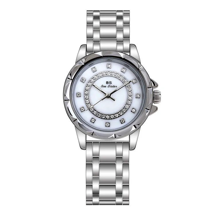 BS New Diamond Women's Watch with genuine diamond accents on a gold finish dial showing 3.2mm diameter