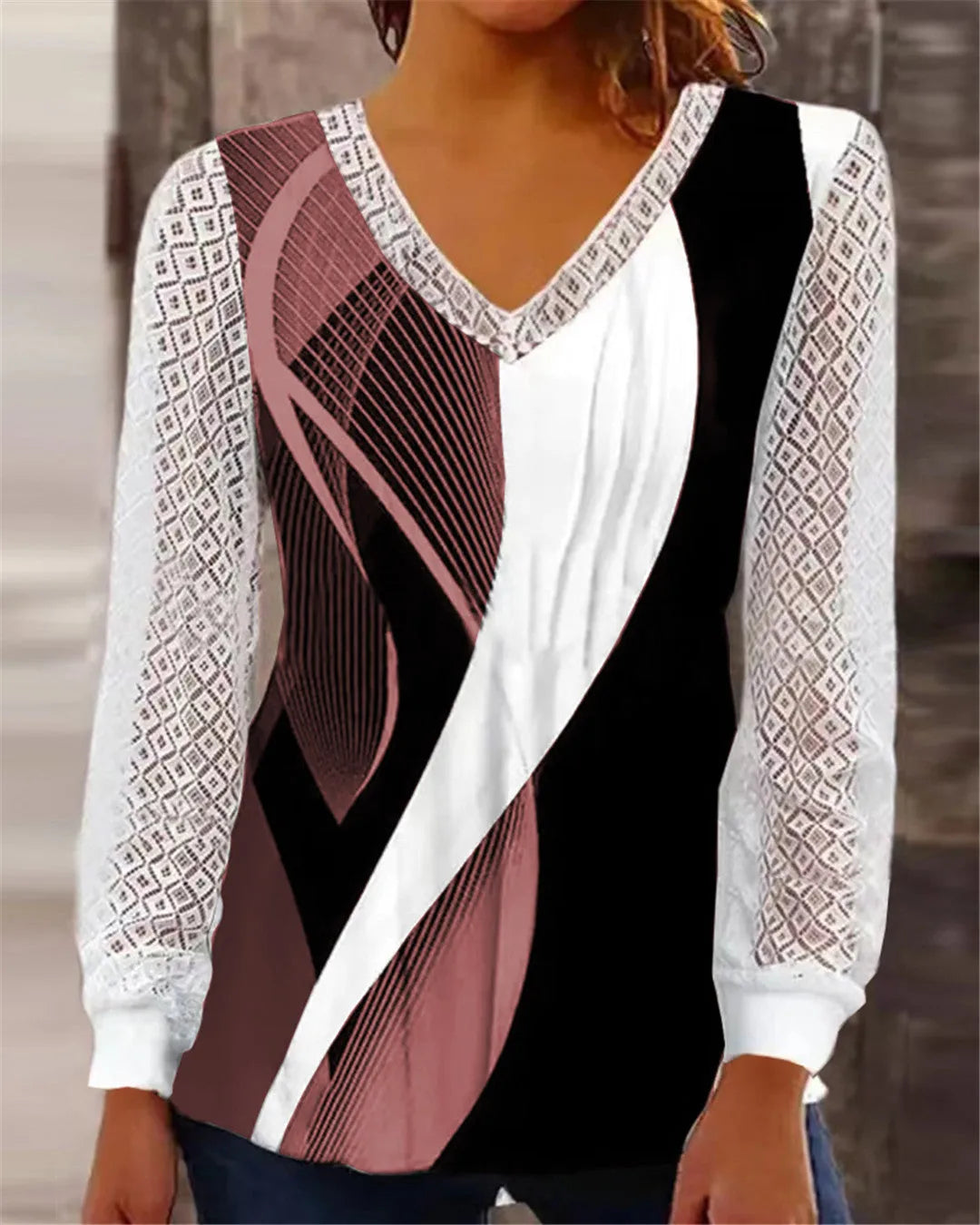 Women's v-neck loose top with hollow-out lace print in purple colour showing front view