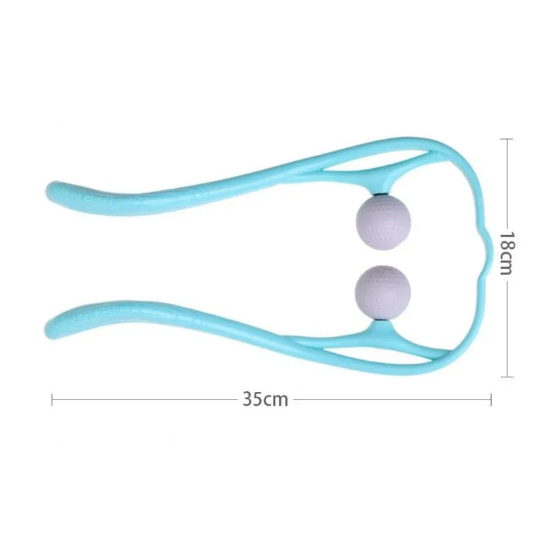 Blue plastic handheld neck massager with adjustable bracket and 3D floating-point massage head.
