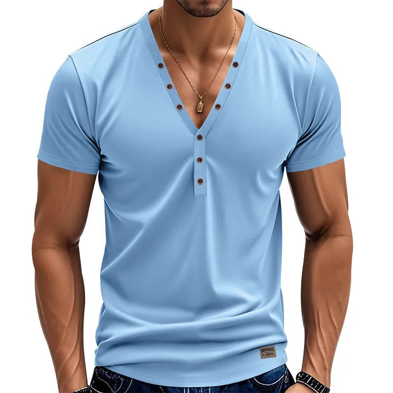 Men's loose fit V-neck pullover top with button detail in a light blue colour