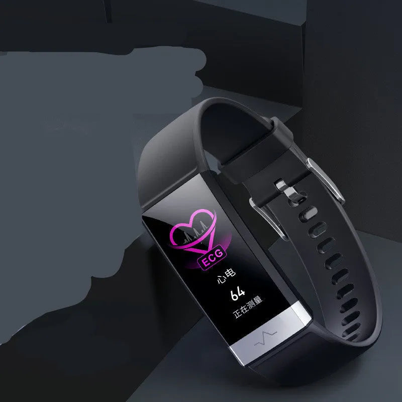 V19 smart bracelet showing display with health metrics, available in black blue red colours with TPU strap