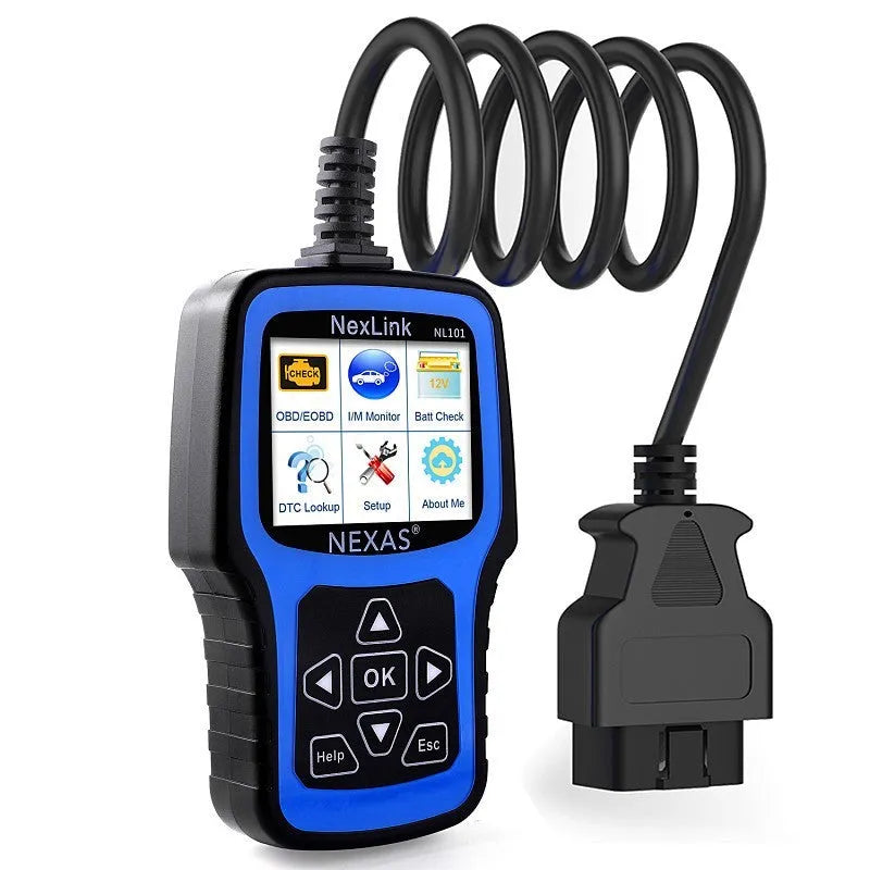 Nexas NL101 OBD2 car diagnostic scanner with display screen and USB connector.