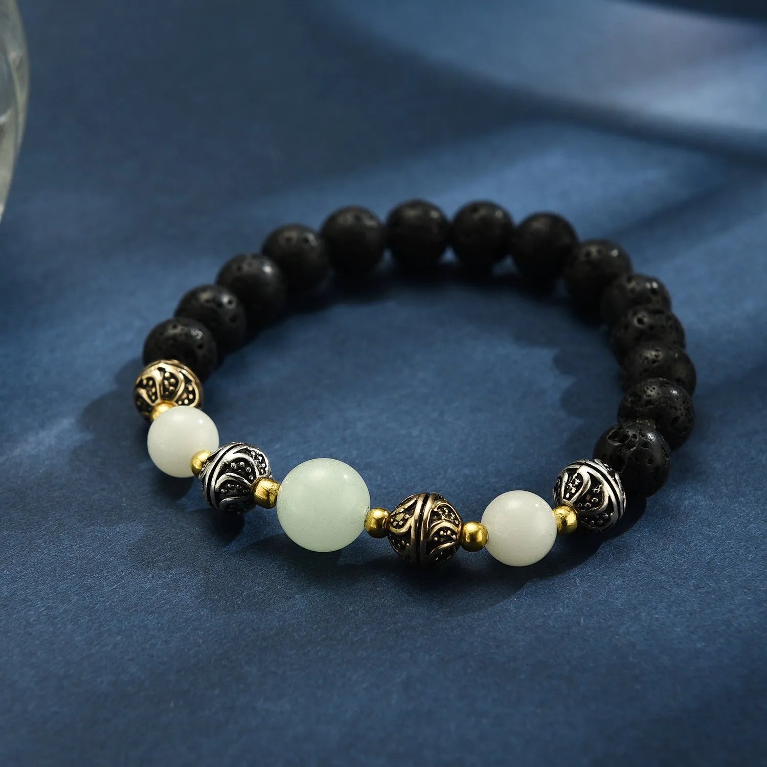 Luminous beaded bracelet for women with fluorescent stone beads, 55mm inner diameter, ancient bronze electroplating